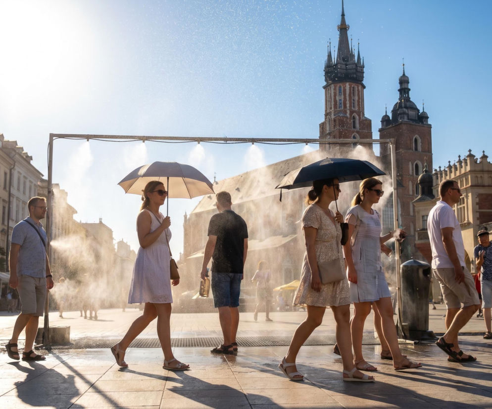 Ludzie chłodzący się pod kurtyną wodną na Rynku Głównym w Krakowie podczas rekordowych upałów. Turyści z parasolkami szukają ulgi od wysokich temperatur, o których więcej przeczytasz na naszym portalu.