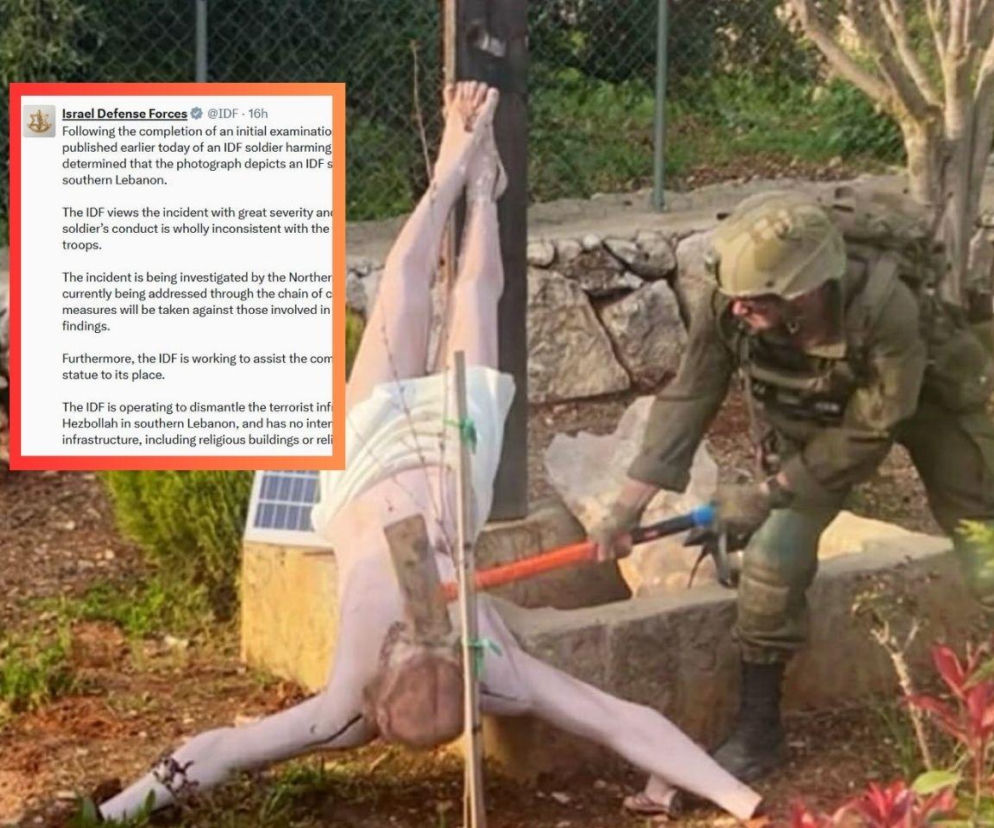 Żołnierz niszczący figurę chrystusa