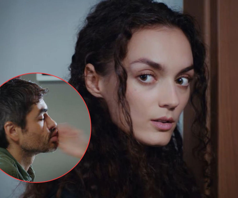 Kobieta z długimi, ciemnymi, kręconymi włosami, ubrana w ciemne ubranie, spoglądająca z niepokojem. W kółku wstawiony mężczyzna w zielonej bluzie, z zamkniętymi oczami, otrzymujący uderzenie w policzek, co symbolizuje nieporozumienie między Naną a Poyrazem w serialu Dziedzictwo, o którym można przeczytać więcej na Super Seriale.