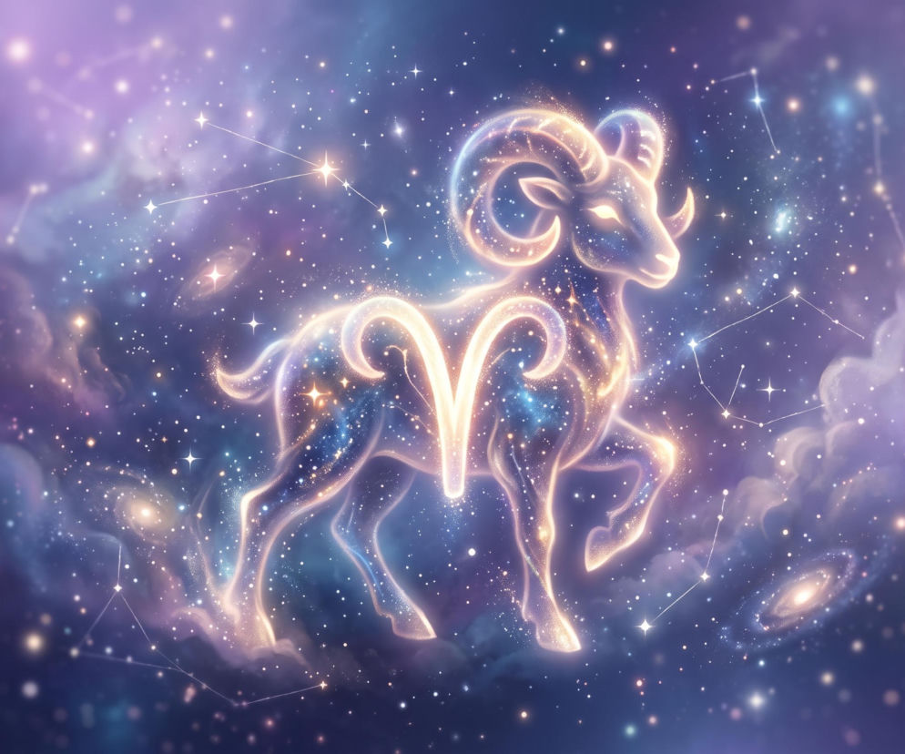 Świecący znak zodiaku Baran na tle gwieździstego kosmosu. O horoskopie dla Barana przeczytasz w Eska.