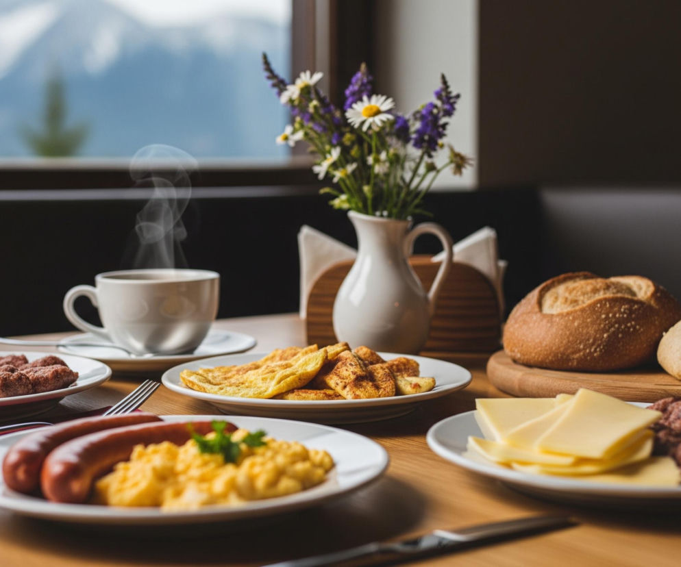 Na drewnianym stole znajduje się obfite śniadanie, składające się z kilku białych talerzy z różnorodnymi potrawami, takimi jak jajecznica, parówki, ser, mięsne pulpety, gofry oraz omlety posypane cynamonem. W centrum stołu stoi biały wazon z bukietem fioletowych i białych kwiatów, obok niego na białym spodeczku unosi się para z białego kubka z gorącym napojem. Na końcu stołu, na drewnianej desce, leżą dwie okrągłe bułki. W tle widoczne jest duże okno z widokiem na góry pokryte śniegiem i zielone drzewa.