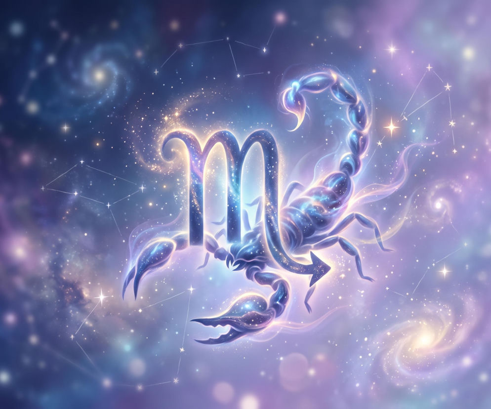 Świecący znak zodiaku Skorpion na tle kosmosu i gwiazd. O horoskopie dziennym dla Skorpiona przeczytasz w Eska.