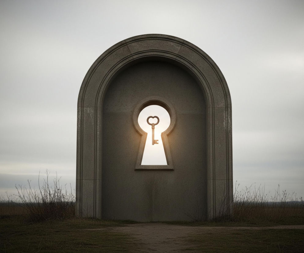 Centralny element to duża, kamienna struktura przypominająca bramę lub portal, o zaokrąglonym łuku u góry i dwóch pionowych filarach. Wewnątrz tej struktury znajduje się ciemne wnęka, w której dolnej części widoczny jest otwór w kształcie dziurki od klucza. Z otworu wydobywa się intensywne, żółto-pomarańczowe światło, które rozświetla mosiężny, ozdobny klucz zawieszony centralnie w dziurce. Całość umieszczona jest w otwartym krajobrazie z linią horyzontu i nierównym terenem pokrytym suchą trawą i krzewami u dołu, pod pochmurnym, szarym niebem, które rozjaśnia się ku górze.