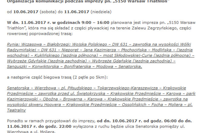Triathlon 2017 Warszawa 11 czerwca utrudnienia 1