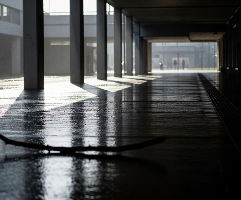 Na pierwszym planie leży ciemny, zakrzywiony patyk na błyszczącej, mokrej powierzchni. Scena przedstawia długi, zadaszony korytarz z rzędem szarych betonowych słupów po lewej stronie, rzucających długie, ciemne cienie na mokrą posadzkę, która odbija światło. W oddali, na końcu korytarza, widać jasne światło oraz niewyraźne sylwetki kilku osób, zaś po prawej stronie korytarza panuje głęboki cień.