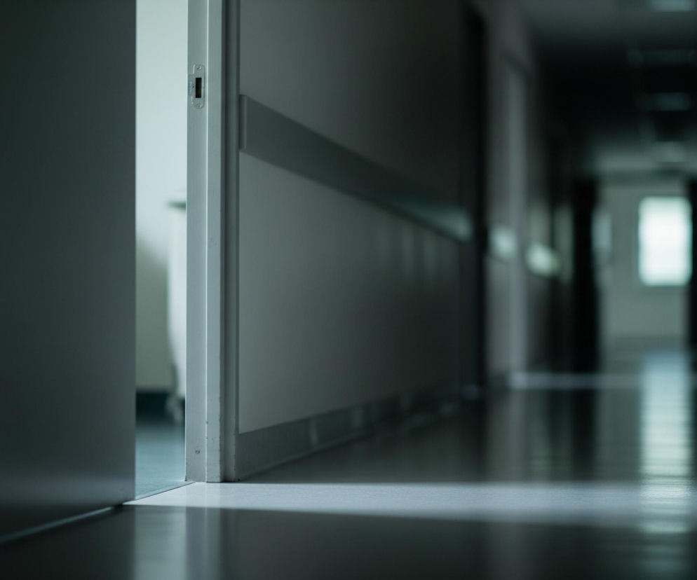 Lewa część obrazu przedstawia uchylone, szare drzwi, za którymi widać jasne, białe wnętrze. Ościeżnica drzwi jest również jasnoszara, a na jej krawędzi widoczna jest metalowa płytka z zatrzaskiem. Prawa strona obrazu to rozmyty, ciemny korytarz z błyszczącą podłogą, odbijającą światło z odległego, kwadratowego okna lub źródła światła, które wygląda jak biała, prostokątna plama na końcu korytarza. Ściany korytarza są szare z jaśniejszym, poziomym pasem biegnącym wzdłuż nich, a na podłodze widoczny jest wyraźny cień rzucany przez uchylone drzwi.