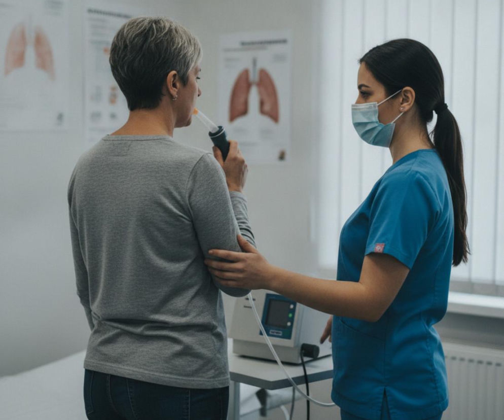 Pacjentka wykonuje badanie spirometryczne przy asyście pielęgniarki. O bezpłatnych badaniach płuc przeczytasz na Poradnik Zdrowie.