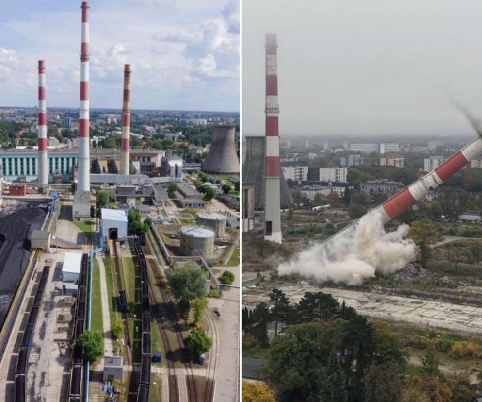 Trzy kominy EC2 w Łodzi przed wyburzeniem. Obok moment wysadzania jednego z nich, o czym przeczytasz na Eska Łódź.