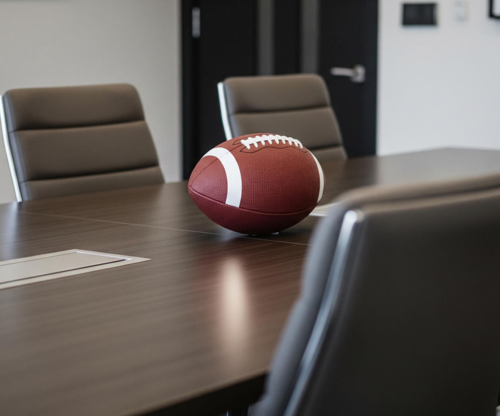 Na drewnianym stole konferencyjnym, o ciemnym, brązowym kolorze, leży piłka do futbolu amerykańskiego. Piłka ma wyraźną teksturę, jest koloru bordowego z dwoma białymi pasami i białymi szwami na jednym z końców. Wokół stołu ustawione są skórzane krzesła w kolorze ciemnoszarym lub brązowym, z chromowanymi elementami konstrukcyjnymi. W tle widoczna jest jasnoszara ściana oraz fragmenty ciemnych drzwi.