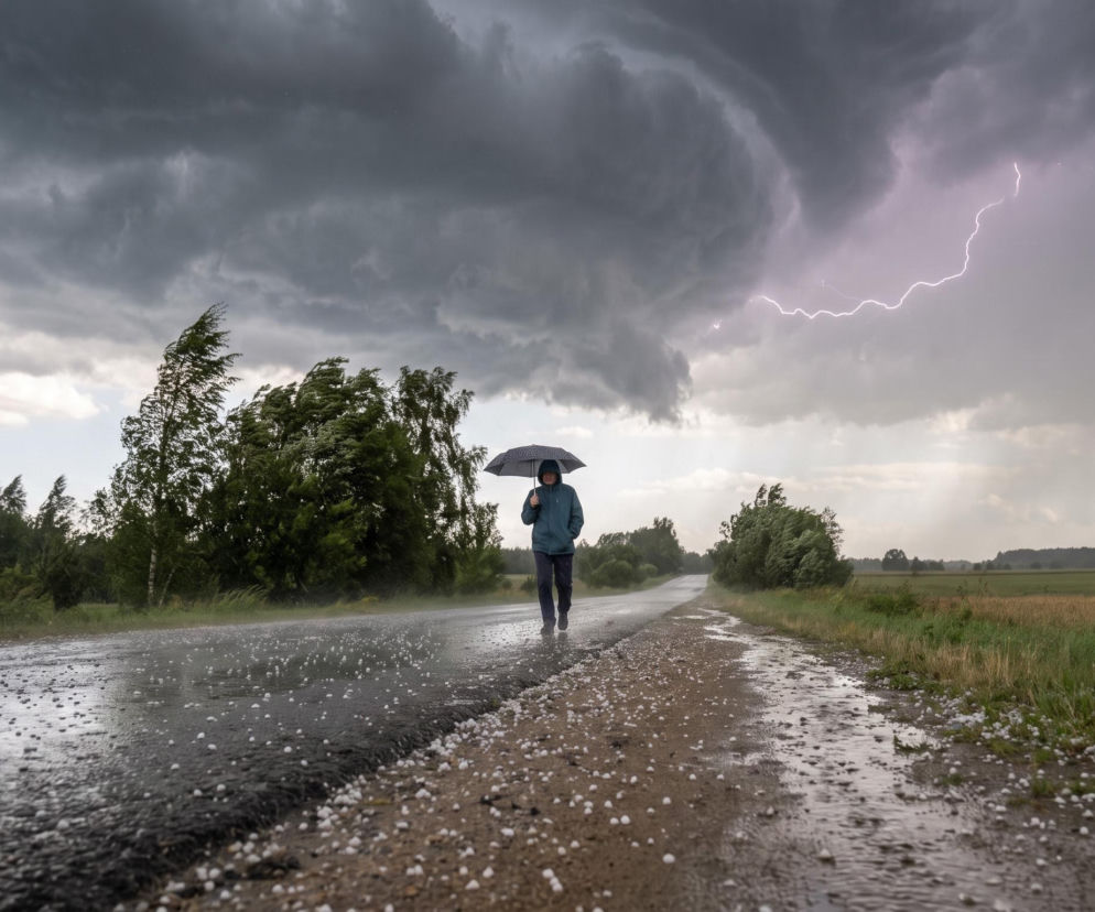Osoba z parasolem idzie drogą podczas gradobicia i burzy z piorunami. O pogodzie na weekend przeczytasz w Eska.