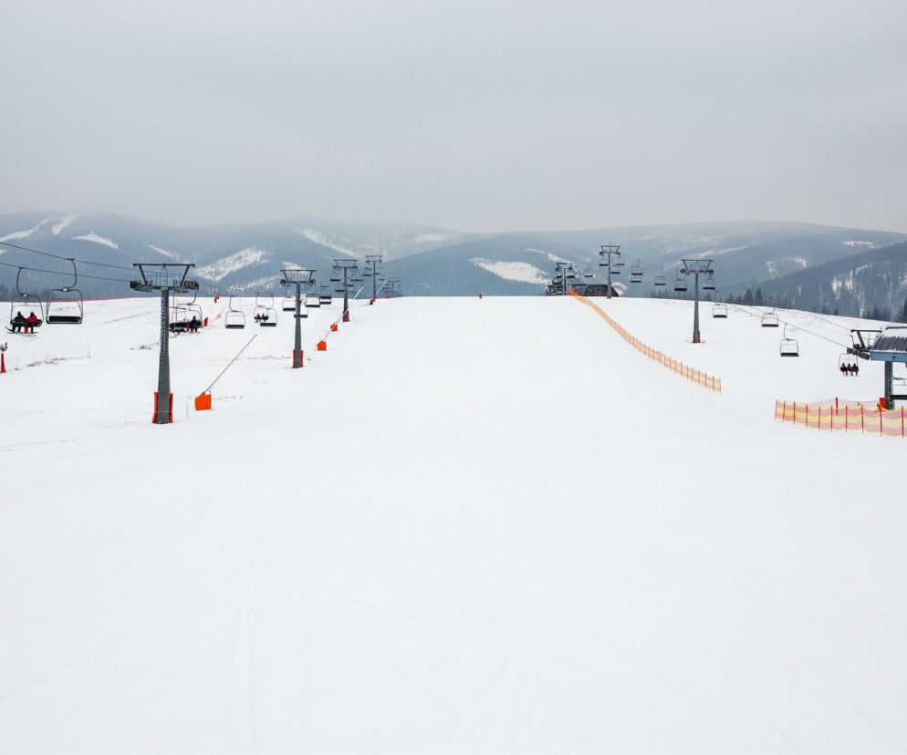 Szerokie, zaśnieżone zbocze góry, na którym znajduje się wyciąg krzesełkowy. Liczne ciemne słupy podtrzymują liny, po których poruszają się puste oraz zajęte krzesełka, przewożące narciarzy ubranych w kolorowe kurtki. Po prawej stronie, u podnóża stoku, widoczny jest duży, niebiesko-szary budynek stacji wyciągu oraz fragment mniejszego, drewnianego obiektu, otoczonych pomarańczowo-żółtą siatką zabezpieczającą. W tle rozciągają się pokryte śniegiem i lasami góry pod szarym, zachmurzonym niebem.