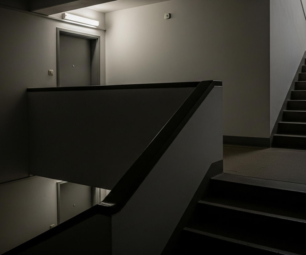 Wnętrze klatki schodowej ukazuje szarą, gładką balustradę na pierwszym planie, biegnącą w górę po prawej stronie. Po lewej stronie, za balustradą, widoczna jest szara ściana z drzwiami w kolorze ciemnoszarym, nad którymi znajduje się podłużna, jasna oprawa oświetleniowa. Schody, o ciemnych stopniach i jaśniejszych podstopnicach, prowadzą w górę po prawej stronie, zanurzając się w cieniu. Całość utrzymana jest w stonowanych odcieniach szarości i czerni, z jednym źródłem światła rzucającym wyraźne cienie.