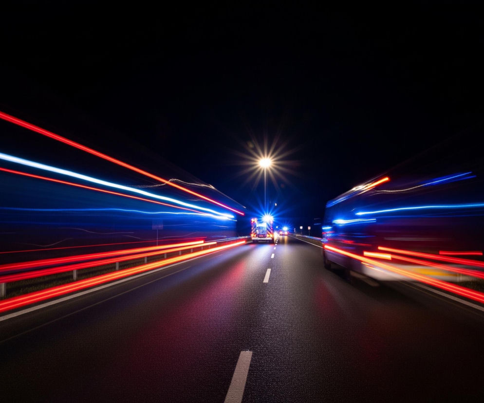Pusta autostrada w nocy, oświetlona jedynie przez smugi świateł pojazdów i pojedynczą latarnię. Głównym obiektem jest droga asfaltowa z wyraźnymi białymi liniami przerywanymi, prowadząca w głąb kadru. Po obu stronach drogi, na ciemnym tle, widoczne są długie, rozmazane smugi światła: po lewej stronie dominuje intensywna czerwień tylnych świateł, a po prawej błękit i biel świateł mijania oraz rozmyte kontury pojazdów. W oddali, pośrodku kadru, jaśnieje duża, rozproszona latarnia, od której promieniują wyraźne, białe pasma światła w kształcie gwiazdy.