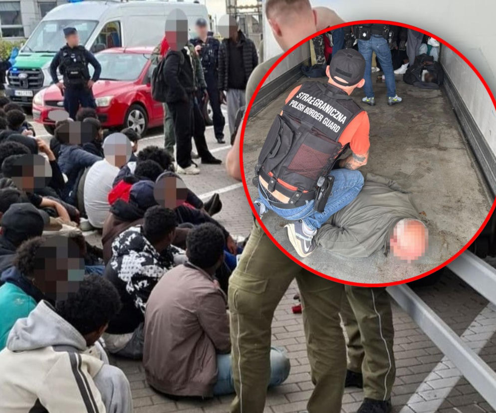 Grupa migrantów siedząca na ziemi obok ciężarówki. Na miniaturze zatrzymanie mężczyzny, o czym pisze Eska Poznań.