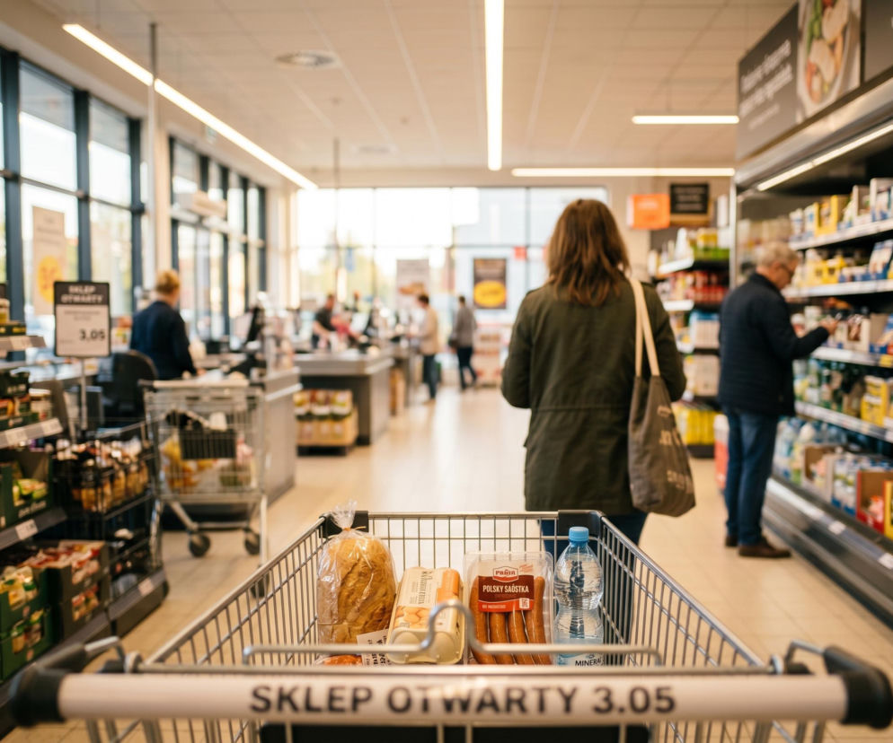 Wózek sklepowy z pieczywem, jajkami, parówkami i butelką wody, z widocznym napisem SKLEP OTWARTY 3.05, na tle rozmazanej scenerii supermarketu z klientami. Informacje o niedzielach handlowych znajdziesz na Super Biznes.