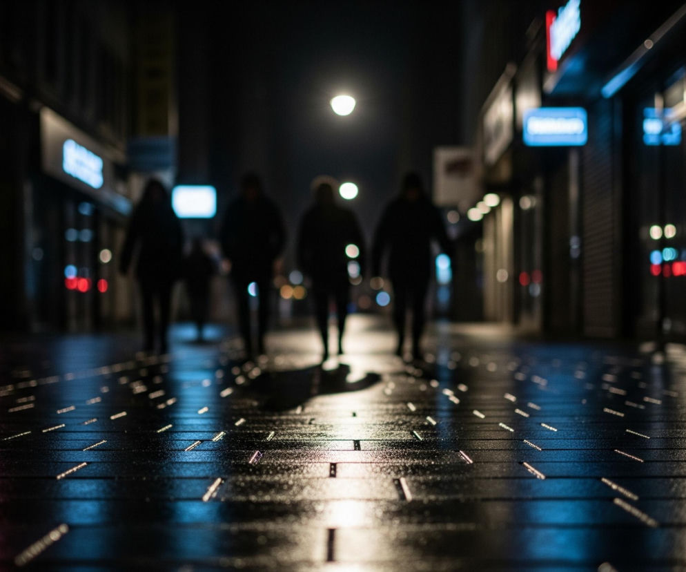 Cztery niewyraźne sylwetki ludzi w ciemnych ubraniach idą w głąb ulicy oświetlonej nocnymi światłami. Ich cienie są rozmyte i odbijają się na mokrym, ciemnym chodniku. Powierzchnia chodnika, składająca się z równoległych, jasnych pasków, odbija rozproszone światło z neonowych reklam oraz pojedynczej latarni ulicznej, tworząc na nim smugi w odcieniach czerwieni i błękitu.
