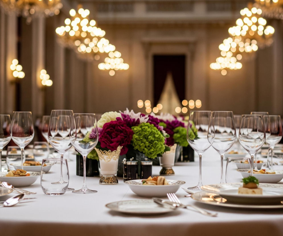 Długi stół przykryty białym obrusem z widoczną zastawą stołową zajmuje pierwszy plan. Na stole ustawione są eleganckie, przezroczyste kieliszki do wina i szklanki z wodą, białe talerze ze złotymi wzorami, sztućce oraz małe miseczki z przystawkami. Centralnie na stole, wśród zastawy, znajduje się okazała kompozycja kwiatowa złożona z ciemnoróżowych, fioletowych i jasnozielonych kwiatów, a obok niej dwie złoto-białe świece w ozdobnych świecznikach. Tło stanowi rozmyte wnętrze sali bankietowej z licznymi, jasno świecącymi żyrandolami i kinkietami, tworzącymi efekt bokeh, oraz ciemnymi, wyściełanymi krzesłami po bokach stołu.