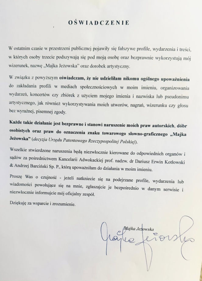 Majka Jeżowska oświadczenie