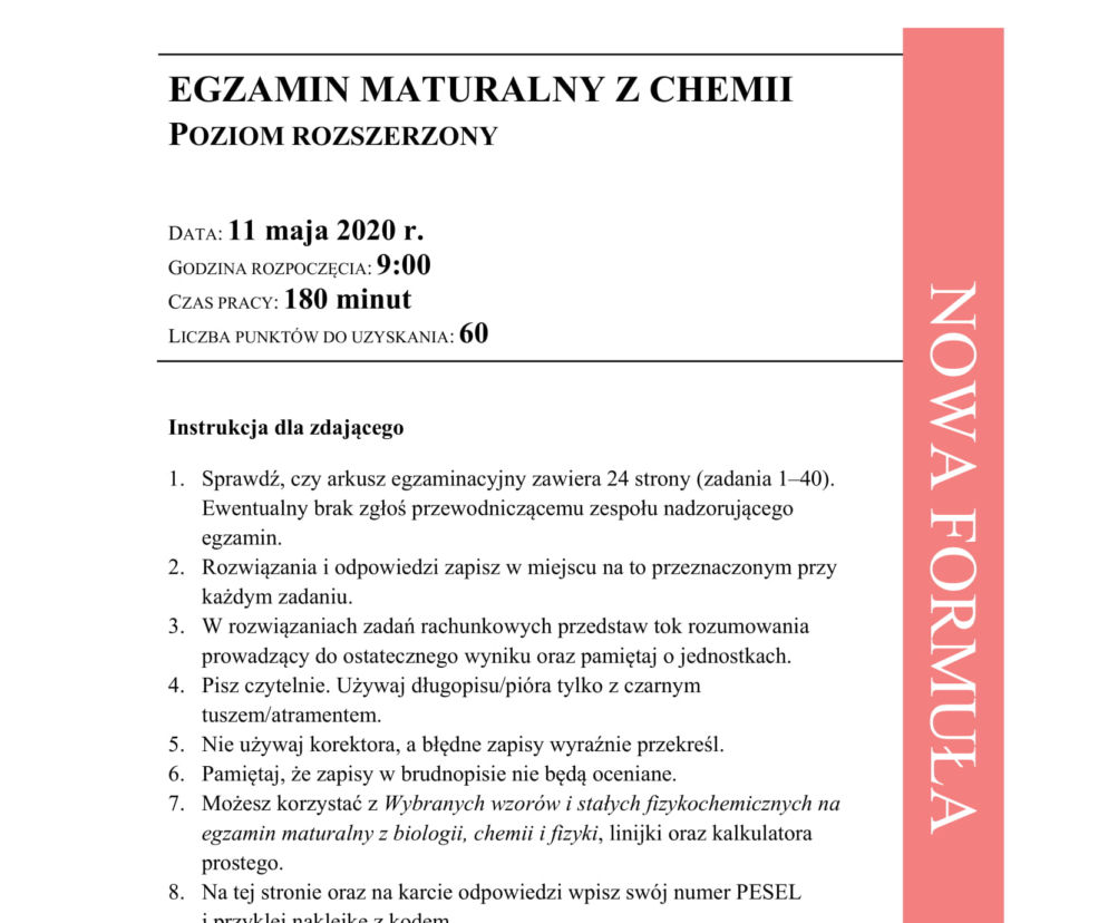 Matura 2020 ARKUSZE CKE: Chemia