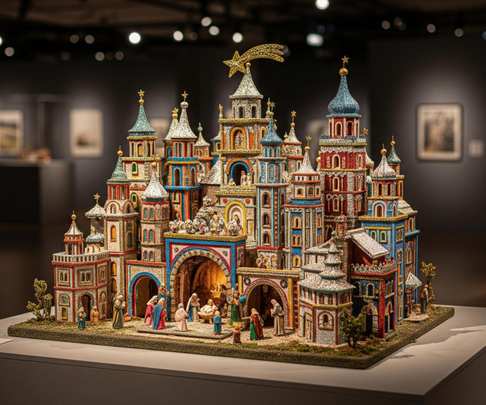 Centralnym punktem obrazu jest duża, bogato zdobiona szopka bożonarodzeniowa, przedstawiająca złożoną architekturę wielopoziomowego miasta z licznymi wieżyczkami i kopułami, pokrytymi błyszczącymi, kolorowymi detalami w odcieniach czerwieni, błękitu, złota i srebra. Na szczycie najwyższej wieży umieszczona jest złota kometa z długim, błyszczącym ogonem. U podstawy konstrukcji, pod łukowatym sklepieniem, znajduje się scena narodzenia z figurkami Marii, Józefa i Dzieciątka Jezus w żłóbku, otoczonymi przez inne postaci i zwierzęta. Całość osadzona jest na zielonej, piaszczystej podstawie, imitującej krajobraz z małymi drzewkami i ścieżkami, a w tle widać ciemne ściany galerii z rozmazanymi obrazami i światłami punktowymi.