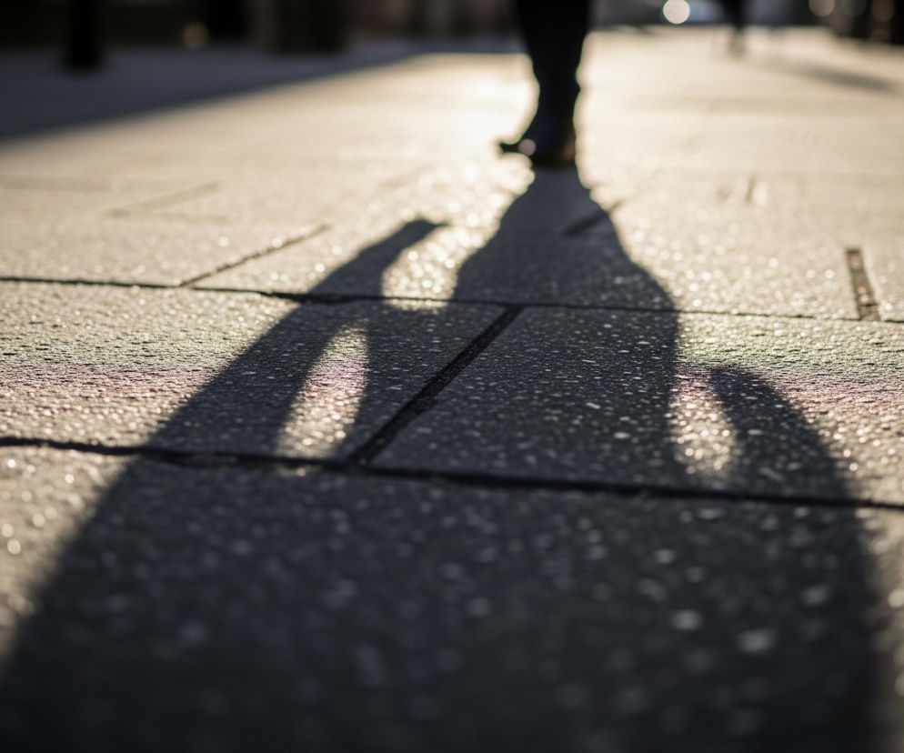 Cień osoby z długimi nogami i szerokimi ramionami pada na jasny chodnik, zajmując centralną część kadru. Stopa osoby, wyraźnie widoczna w górnej części obrazu, jest ubrana w ciemne buty i rzuca cień do przodu. Chodnik składa się z prostokątnych płyt o szarej, nakrapianej teksturze, które odbijają rozproszone światło słoneczne, tworząc jasne, rozmyte refleksy.