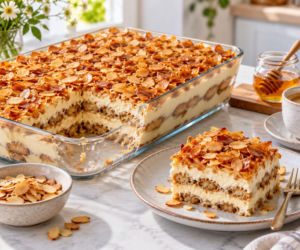 Tiramisu przykrywam chrupiącą warstwą miodowych migdałów. Ten deser robi furorę już przy pierwszej łyżeczce