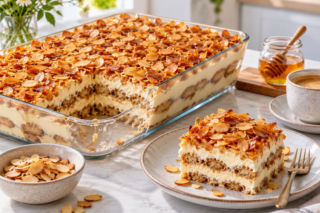 Tiramisu przykrywam chrupiącą warstwą miodowych migdałów. Ten deser robi furorę już przy pierwszej łyżeczce