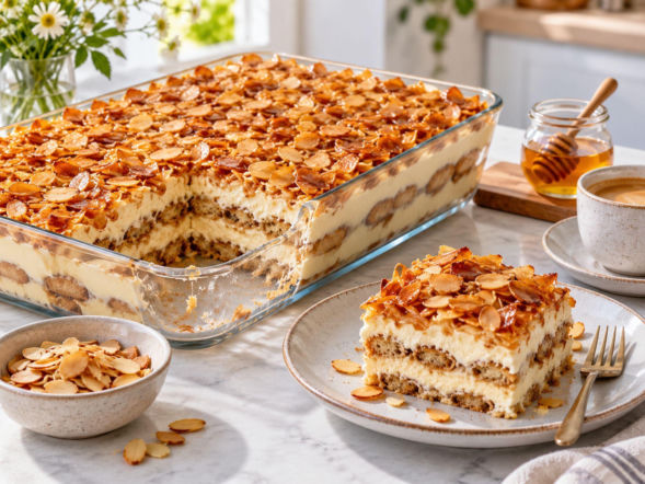 Tiramisu przykrywam chrupiącą warstwą miodowych migdałów. Ten deser robi furorę już przy pierwszej łyżeczce