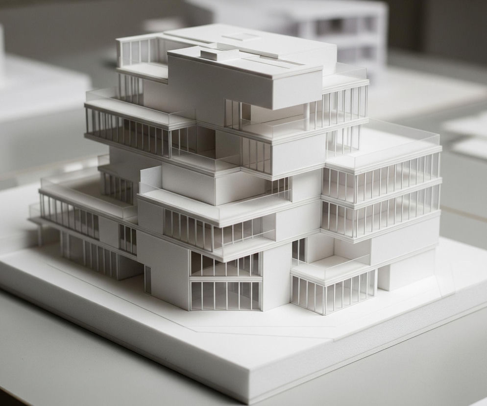Główny plan przedstawia biały, architektoniczny model budynku o wielopiętrowej konstrukcji, umieszczony na białej platformie. Budynek posiada liczne balkony i tarasy otoczone przezroczystymi balustradami, wspartymi na pionowych słupkach, tworząc otwarte przestrzenie na każdym poziomie. Elementy konstrukcyjne są proste i geometryczne, składają się głównie z białych brył i poziomych płaszczyzn. W tle, częściowo rozmyte, widoczne są inne podobne białe modele architektoniczne na szarym blacie stołu.