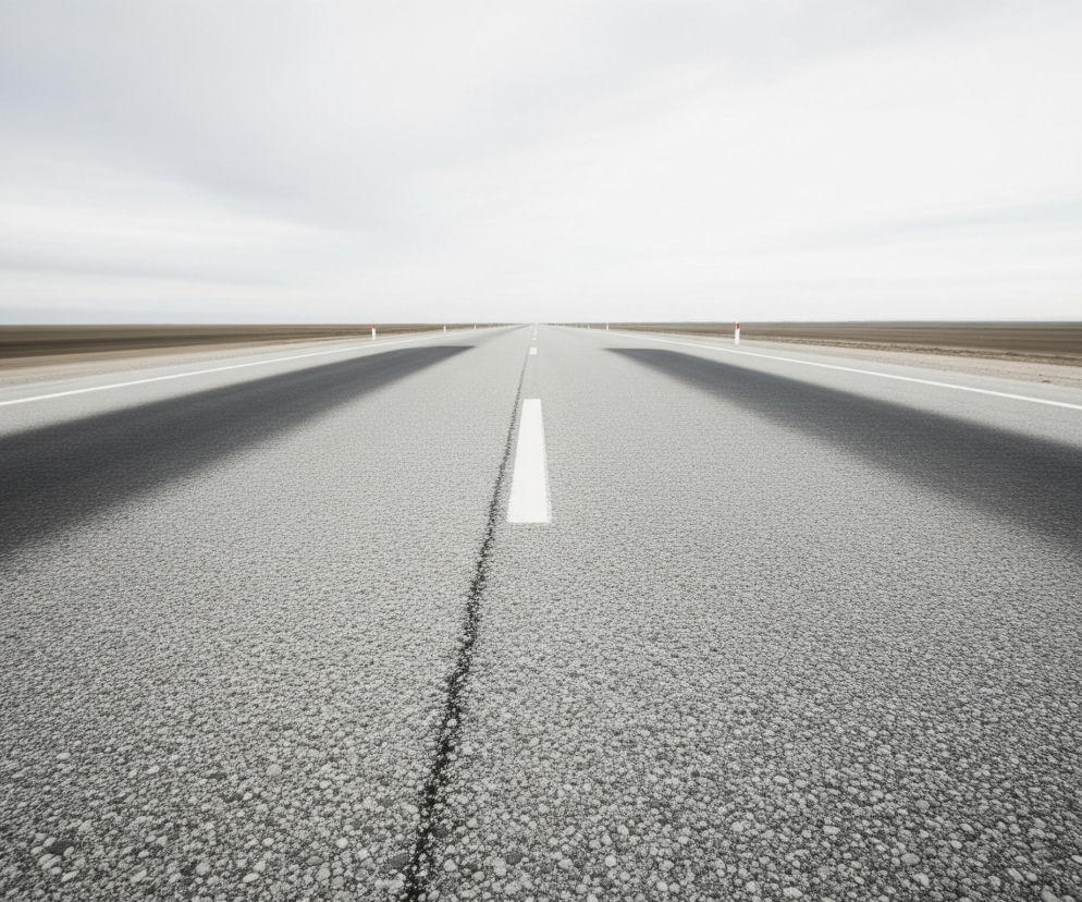 Długa, prosta droga biegnie przez centrum kadru, rozciągając się w dal aż do horyzontu. Asfalt jest szary i szorstki, a białe, ciągłe linie oddzielają pasy ruchu oraz wyznaczają krawędzie jezdni. Na bocznych poboczach widać rozmazany, ciemnobrązowy teren, sugerujący dużą prędkość lub długi czas ekspozycji. Ciemne, rozmyte cienie rozciągają się po obu stronach drogi, po lewej zajmując większą część pasa, po prawej węższy fragment. W oddali, po obu stronach drogi, widoczne są pojedyncze, biało-czerwone słupki drogowe. Jasne, szare niebo z delikatnymi smugami chmur rozciąga się nad horyzontem.