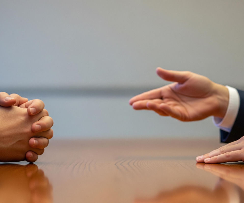 Dwie pary rąk, należące do dwóch różnych osób, znajdują się na brązowym, błyszczącym blacie stołu. Po lewej stronie widoczne są złączone dłonie, lekko zaciśnięte, z opartymi na sobie palcami, ubrane w ciemny, granatowy garnitur z mankietem w biało-niebieskie paski. Po prawej dłoń leży płasko na blacie, a nad nią unosi się druga ręka, wykonująca gest otwartej dłoni, zgiętej w nadgarstku. Obie osoby noszą ciemne garnitury z białymi mankietami. Tło jest jednolite, jasnoszare, lekko rozmyte, z niewyraźną smugą jaśniejszego światła pośrodku.