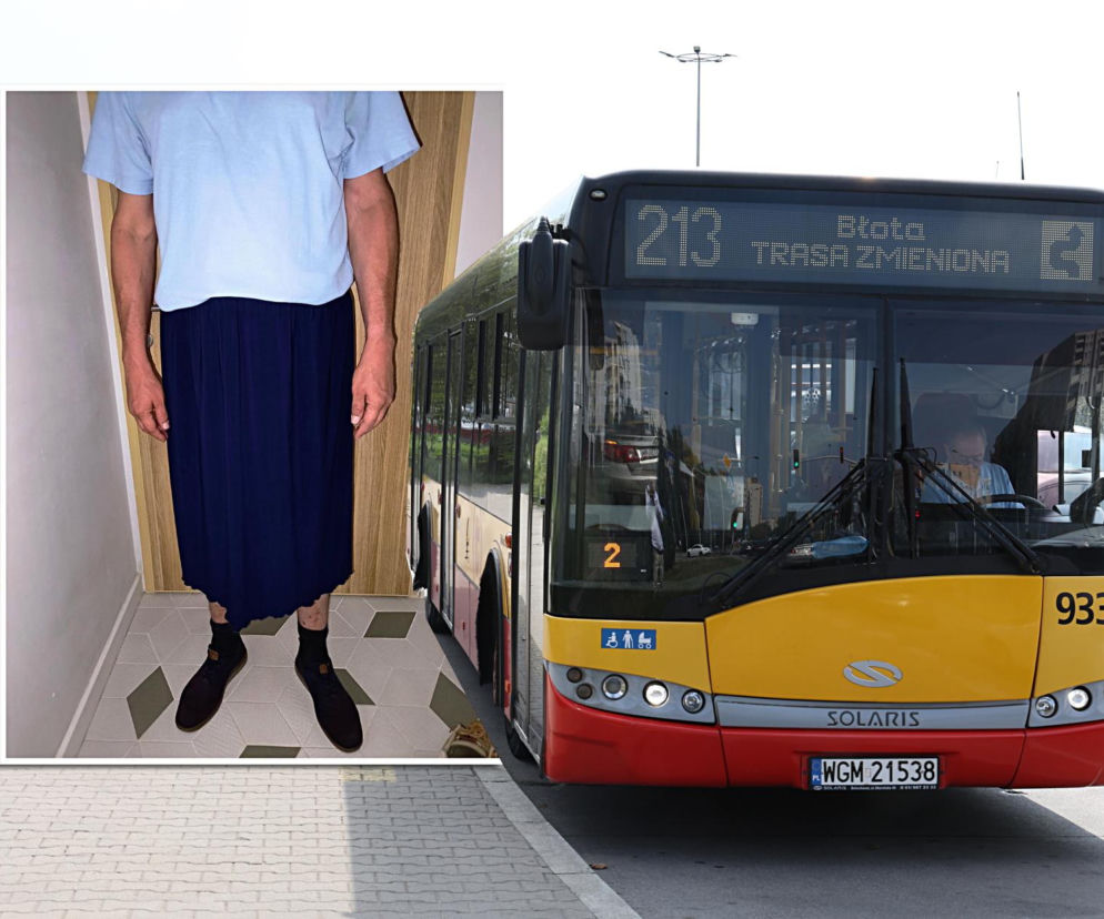 Autobus linii 213. Na miniaturze mężczyzna w spódnicy. O ukaraniu kierowcy przez ZTM przeczytasz na SE.
