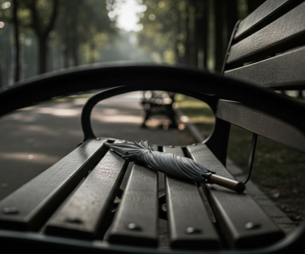 Na pierwszym planie, centralnie, leży złożony parasol w jasnoszarym kolorze z brązową rączką, spoczywający na drewnianej ławce parkowej. Ławka, w ciemnym odcieniu brązu lub szarości, składa się z poziomych desek przymocowanych metalowymi śrubami i ma zaokrąglone metalowe podłokietniki, z których jeden widoczny jest w lewej części kadru. W tle rozciąga się alejka parkowa otoczona drzewami, ich liście tworzą rozmyte, zielono-brązowe tło, a w oddali widać prześwitujące jasne światło.