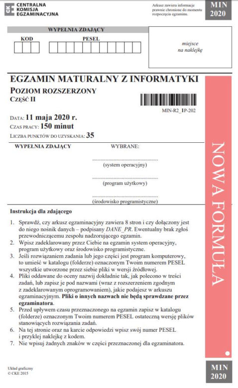 Matura 2020: Informatyka. Poziom ROZSZERZONY. ARKUSZ CKE