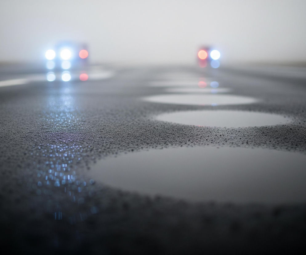 Mokra, asfaltowa droga rozciąga się w perspektywie, z licznymi kałużami odbijającymi światła. Po lewej stronie widać dwa reflektory w kolorze białym i dwa czerwone, z niewyraźnymi odblaskami na mokrej nawierzchni, a po prawej, dalej w tle, pojawiają się dwa podobne światła, jedno białe i jedno czerwone. Całość tonie w gęstej, szarej mgle, która rozmywa tło i tworzy minimalistyczny, tajemniczy nastrój.