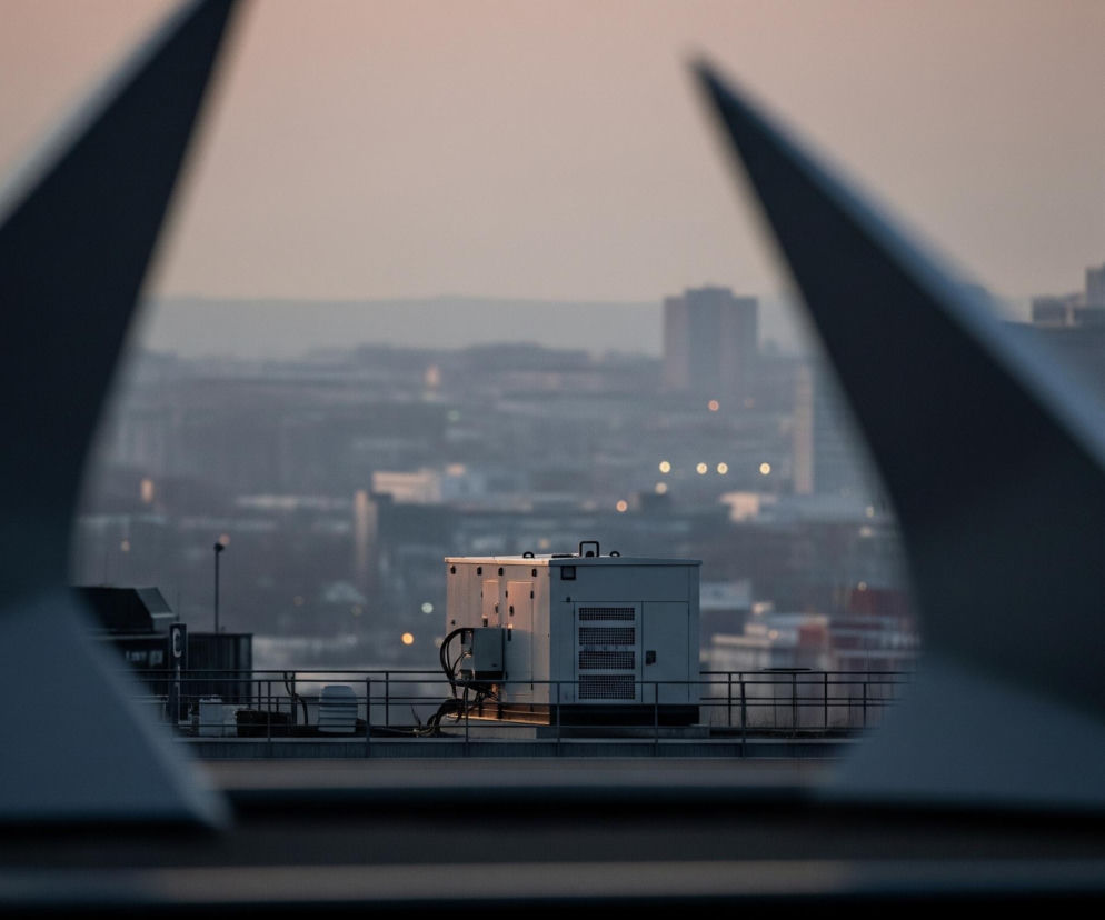 Dwa rozmazane, trójkątne obiekty w kolorze szarym zajmują lewą i prawą część pierwszego planu, skupiając wzrok na centrum kadru. W tle, na płaskim dachu, stoi jasnoszary prostokątny obiekt z kratkowanymi panelami i widocznym okablowaniem, otoczony metalową barierką. Za nim rozciąga się miejski krajobraz z licznymi, niewyraźnymi budynkami i subtelnymi, rozmytymi światłami w oddali, wszystko pod bladoróżowym, lekko zamglonym niebem.