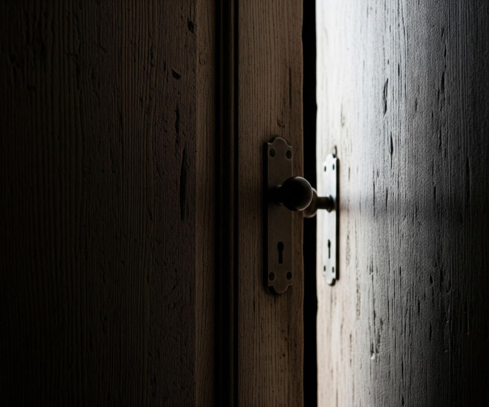 Ciemne drewniane drzwi są uchylone, tworząc wąską szczelinę światła w środkowej części kadru. Z lewej strony widoczna jest część ciemnej framugi lub ościeżnicy. Po prawej stronie drzwi są rozświetlone od środka, ukazując wyraźną fakturę drewna, podczas gdy lewa strona drzwi pozostaje w głębokim cieniu. Na drzwiach, w połowie wysokości, znajduje się metalowa klamka w kształcie gałki, z widocznym otworem na klucz.