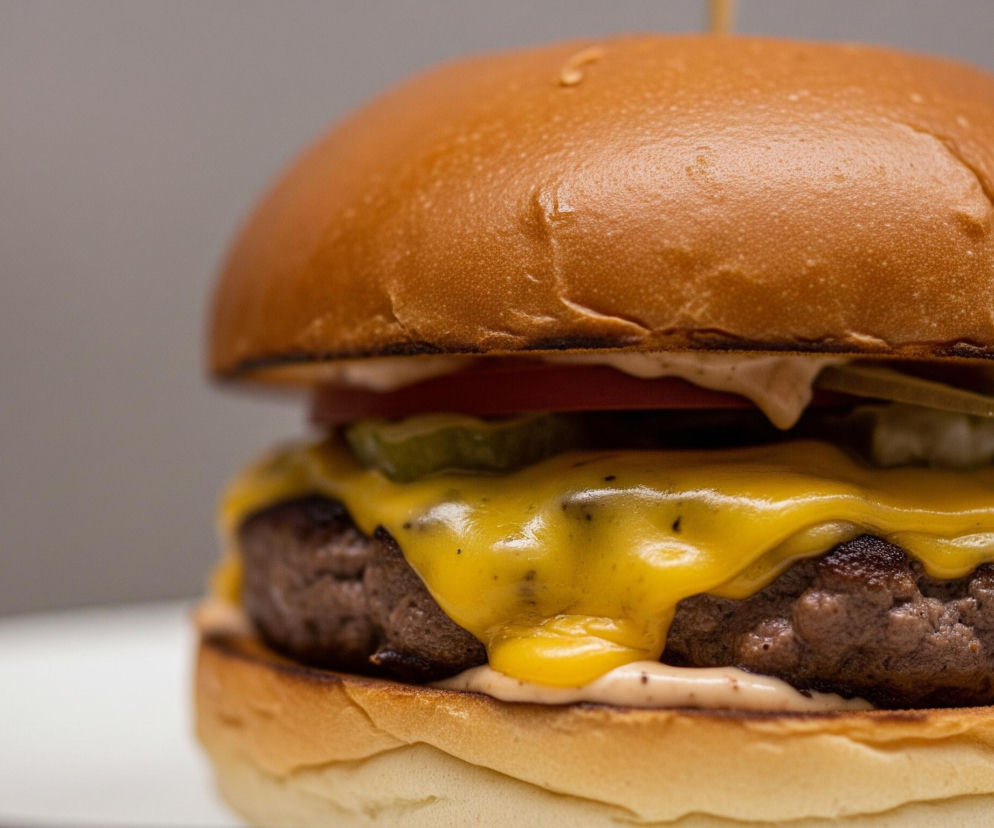 Na białym talerzu znajduje się hamburger z okrągłą, puszystą, jasnobrązową bułką brioche, lekko przypieczoną na krawędziach. W jego wnętrzu widoczny jest gruby kotlet wołowy pokryty roztopionym, jasnożółtym serem cheddar, który spływa po jego bokach. Nad serem ułożone są plasterki zielonego ogórka konserwowego i czerwonego pomidora, a całość spoczywa na warstwie różowawego sosu. Z góry bułki wystaje cienki, drewniany patyczek, stabilizujący składniki.