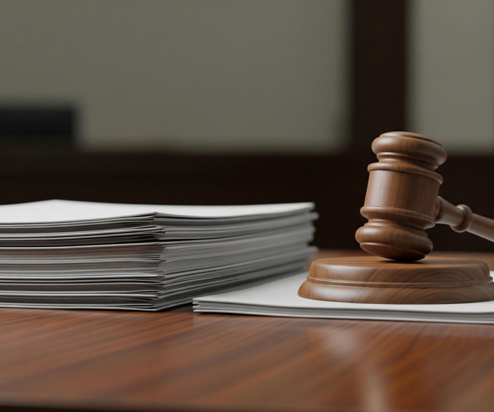 Drewniany młotek sędziowski, umieszczony na płaskiej, drewnianej podstawce, która leży na stosie białych kartek papieru. Młotek ma jasnobrązowy kolor z wyraźnym usłojeniem, a jego stylizowana rękojeść jest skierowana w prawą stronę. Obok, po lewej stronie, znajduje się duży stos podobnych białych dokumentów. Wszystkie przedmioty spoczywają na błyszczącym, drewnianym blacie stołu o ciemnobrązowej barwie, z subtelnym odbiciem światła. Tło jest rozmyte, ale widać w nim jasnoszare i ciemnobrązowe obszary.