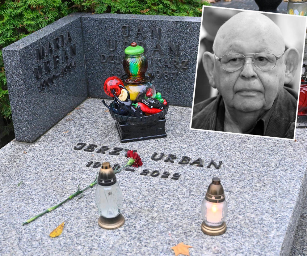 Grób Jerzego Urbana z nietypowym zniczem. Obok na miniaturze portret dziennikarza. O szczegółach przeczytasz na Eska.