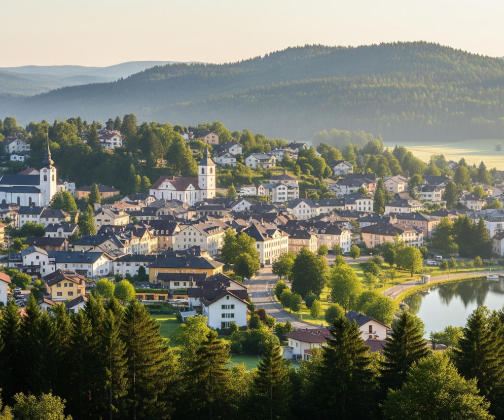 Rozległa panorama przedstawia malowniczą miejscowość położoną nad jeziorem, otoczoną gęstymi lasami i pagórkami, z jasnym, błękitno-żółtym niebem w tle. Miasteczko, z białymi domami o ciemnych dachach i dwoma kościołami z białymi wieżami, rozciąga się wzdłuż krętych uliczek. Po prawej stronie widać spokojne jezioro z zacumowanymi łodziami i odbijającym się w nim otoczeniem, a za nim rozpościerają się zielone, rozległe pola oraz zalesione wzgórza w oddali. Na pierwszym planie, u dołu kadru, rosną ciemnozielone drzewa iglaste, które częściowo zasłaniają zabudowania.