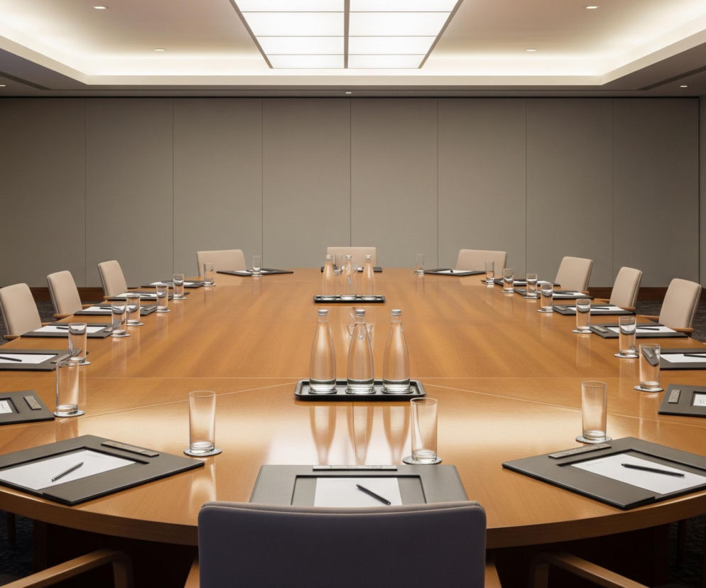 Duży, owalny, drewniany stół konferencyjny z jasnego drewna dominuje w centrum pomieszczenia. Dookoła niego ustawionych jest około dwudziestu krzeseł z beżowymi obiciami i drewnianymi podłokietnikami. Na stole rozłożone są czarne podkładki z białymi kartkami i czarnymi długopisami, a także szklanki i butelki z wodą. Pomieszczenie ma neutralne, szare ściany, a na suficie widoczne są prostokątne panele świetlne oraz punktowe oświetlenie.
