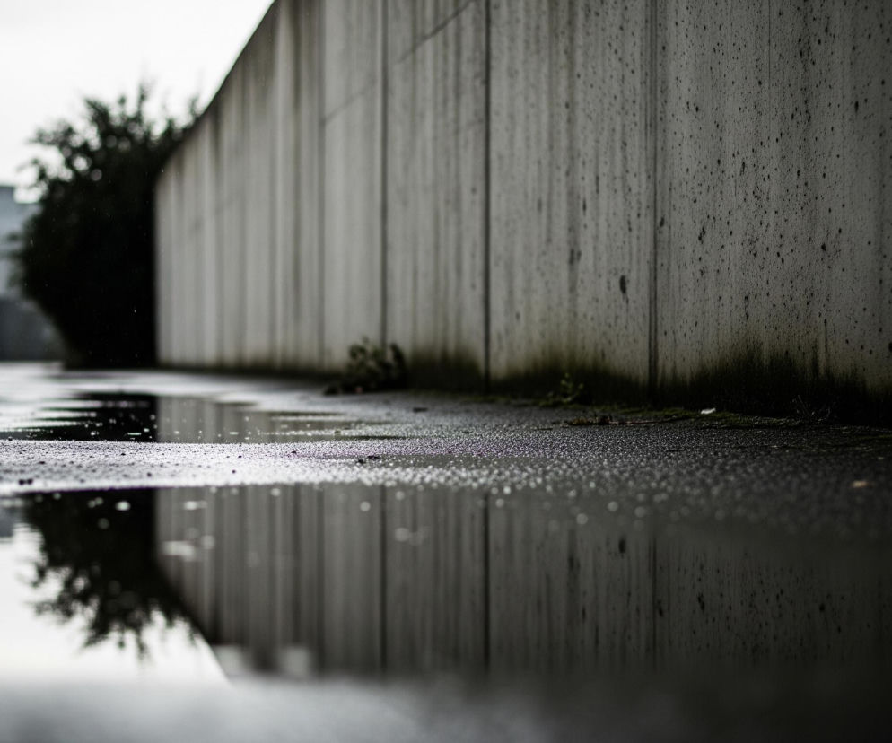 Ulica po deszczu. Pierwszy plan przedstawia ciemne, mokre podłoże, pokryte licznymi, drobnymi kroplami wody, z wyraźnym odbiciem otoczenia w kałuży po lewej stronie. W tle, po prawej, widoczny jest długi, szary, betonowy mur z widocznymi pionowymi łączeniami, pokryty zaciekami i drobnymi plamami, sugerującymi wilgoć lub zabrudzenia. Za murem i na lewo od niego, w oddali, rozmyte obiekty takie jak zarys drzewa i budynków oraz pojedyncze słupy. Niebo jest pochmurne i szare, a ogólna kolorystyka obrazu jest utrzymana w ciemnych, szaro-czarnych tonach.