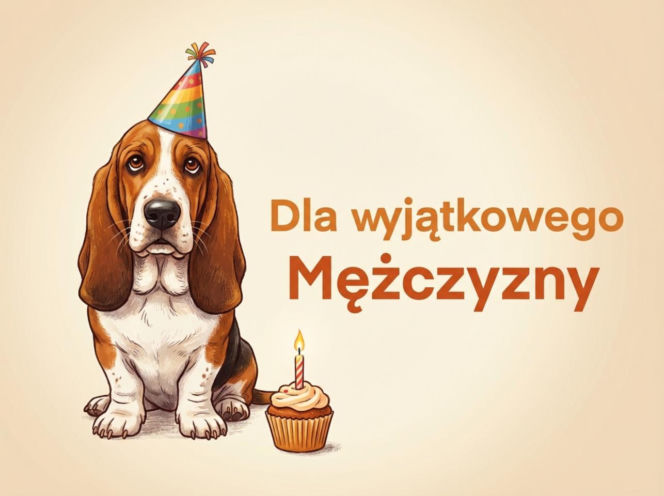 Basset hound z babeczką na Dzień Mężczyzny