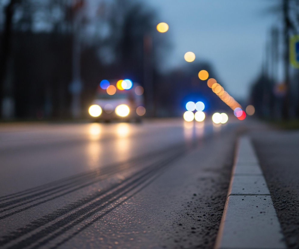 Mokry asfalt ulicy rozciąga się od dołu obrazu, z lewej strony, w stronę horyzontu. Widoczne są na nim ciemne ślady opon w postaci równoległych linii. Prawa strona kadru ukazuje krawężnik z drobnymi kamyczkami, oddzielający jezdnię od pobocza. W tle, w centrum, znajduje się niewyraźny kształt pojazdu z zapalonymi światłami mijania, a nad nim niebieskie i pomarańczowe światła sygnalizacyjne. Dalszy plan wypełniają zamazane światła latarni ulicznych i drzewa o ciemnych, nagich gałęziach.