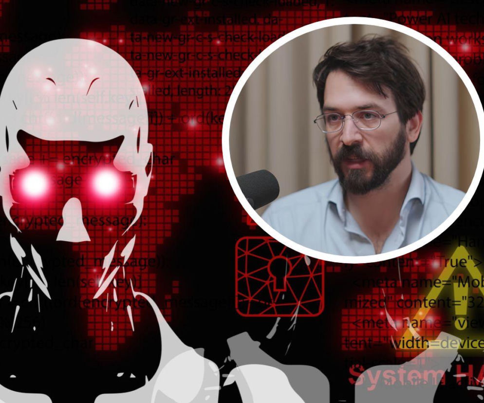 Sylwetka robota ze świecącymi czerwonymi oczami na tle kodu. Na miniaturze Nate Soares. O obawach przed AI czytaj w Eska.