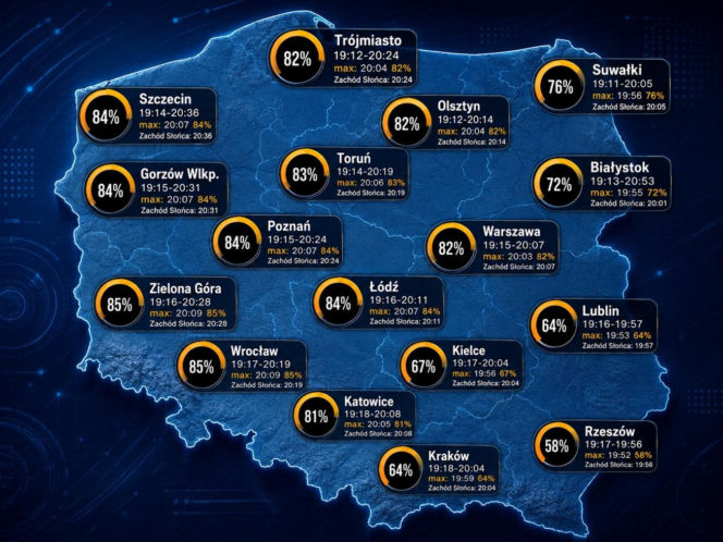 Mapa godzinowa zaćmienia Słońca w Polsce