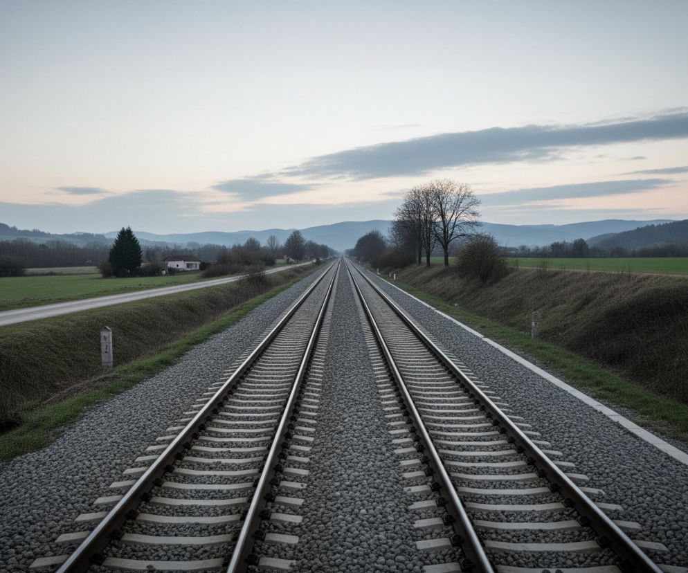 Dwa równoległe tory kolejowe, zbudowane z metalowych szyn spoczywających na drewnianych podkładach i obsypane szarym żwirem, rozciągają się w głąb kadru, zbiegając się w odległym punkcie. Po obu stronach torów biegną lekko wzniesione nasypy pokryte zieloną trawą i krzewami. W tle widoczne są pagórki i lasy, a na horyzoncie rysują się zarysy odległych gór. Niebo jest częściowo zachmurzone, z szarymi i białymi chmurami na tle delikatnie błękitno-różowego odcienia, sugerującego wschód lub zachód słońca.