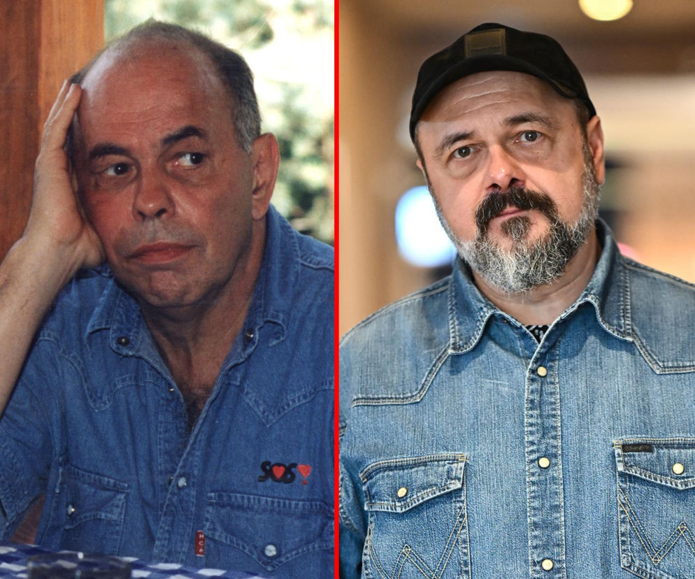 Arkadiusz Jakubik obok zdjęcia Jacka Kuronia. Obaj są w jeansowych koszulach. O roli aktora przeczytasz na SE.