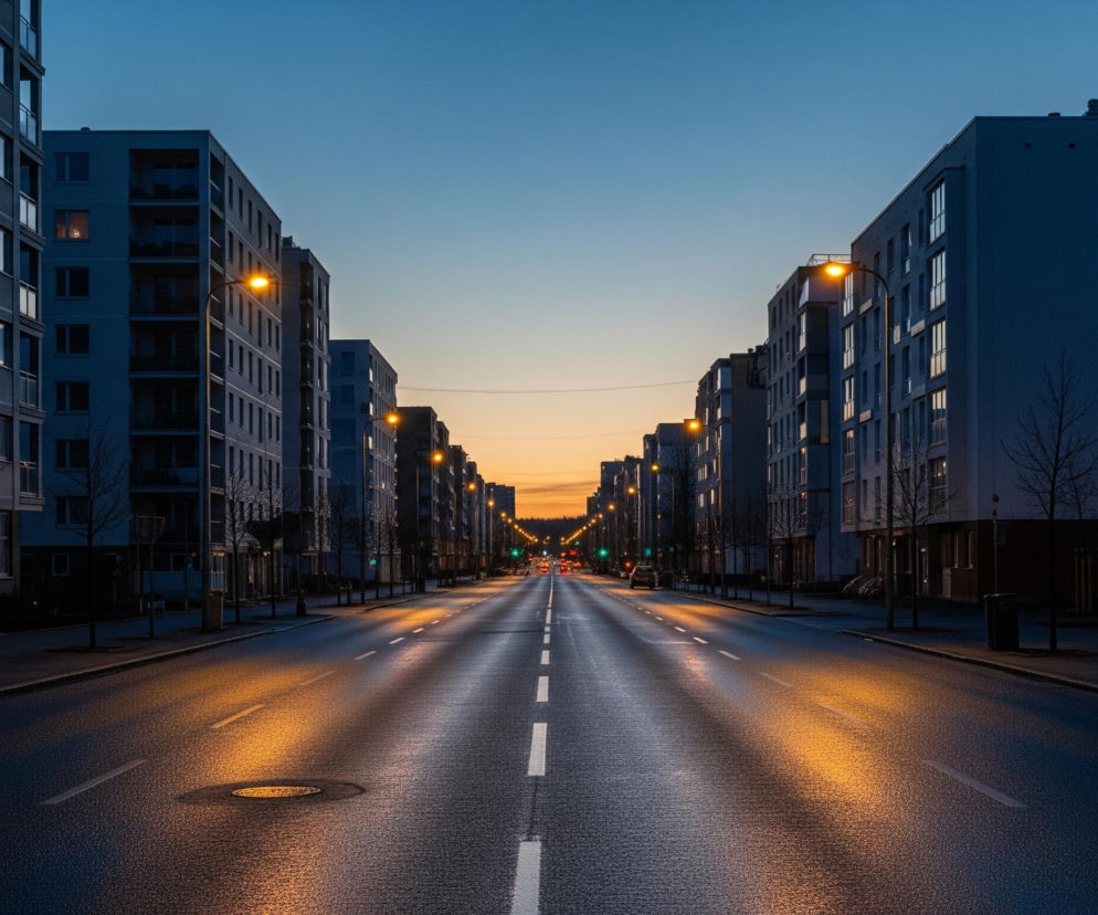 Długa ulica, oświetlona pomarańczowym światłem latarni, ciągnie się w perspektywie ku zachodzącemu słońcu. Po obu stronach drogi wznoszą się sześciopiętrowe, szare budynki mieszkalne z licznymi oknami, a niektóre z nich posiadają balkony. Niebo jest błękitne u góry, przechodząc w jaśniejszy, pomarańczowy odcień nisko nad horyzontem, gdzie zarysowują się zalesione wzgórza. Mokra nawierzchnia ulicy odbija światło, tworząc długie smugi i cienie, a na jej środku widoczne są przerywane białe pasy.